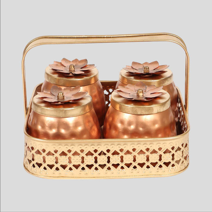 Handmade Basket With Metal Jars | Set Of 5