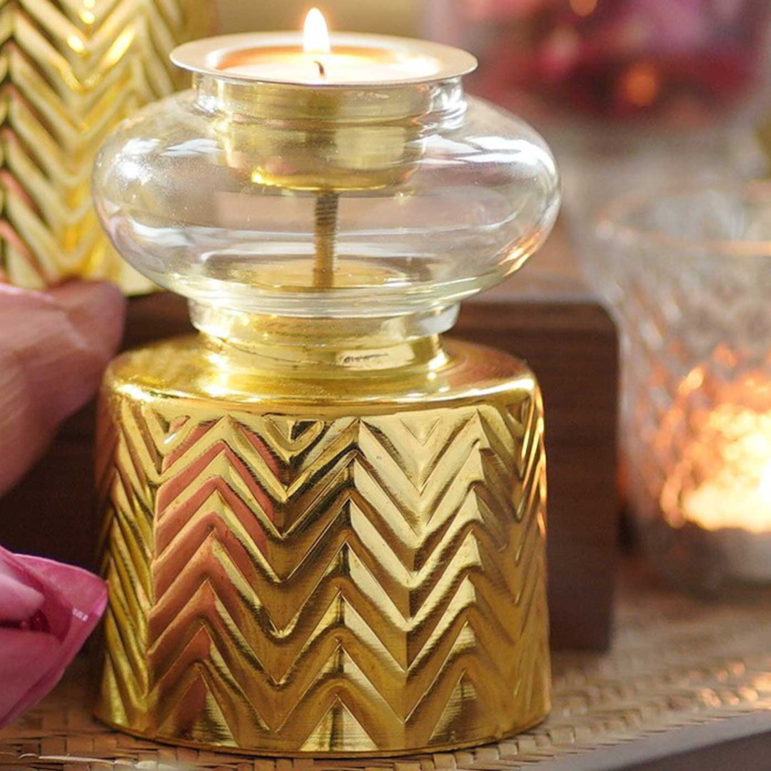 Handmade Golden Anuya Metal & Glass Tealight Holder | Set Of 2