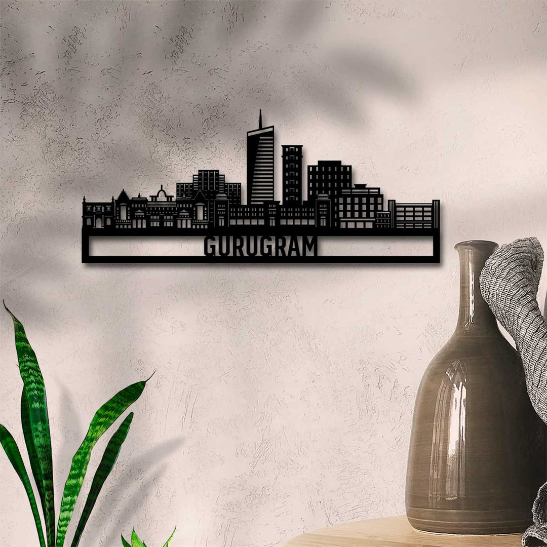 Printed Black Wooden Gurugram City Skyline Wall Decor