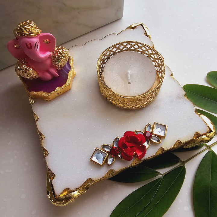 Handmade Pink Ganesha With Marble Pooja Chowki And Tea Light Holder