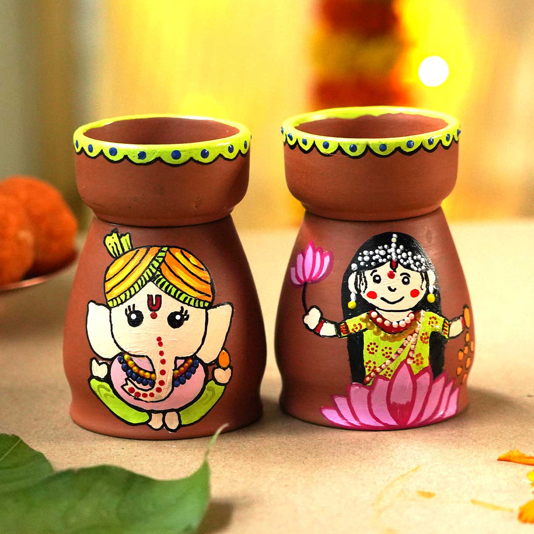 Handmade Ganesh Lakshmi Terracotta Tealight Holder | Set Of 2