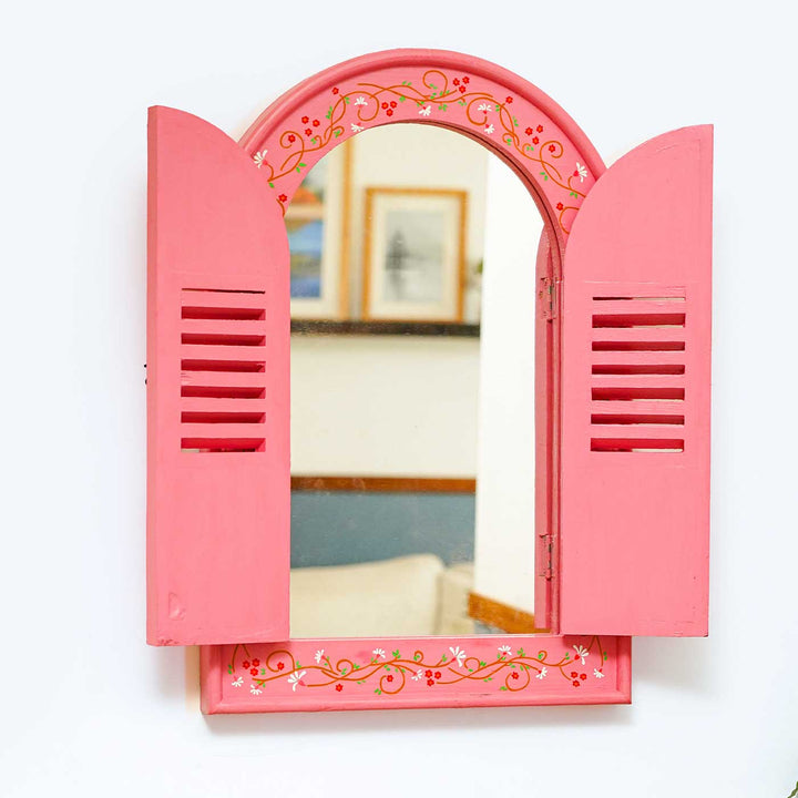 Handmade Pink Wildflower Wooden Window Frame With Mirror