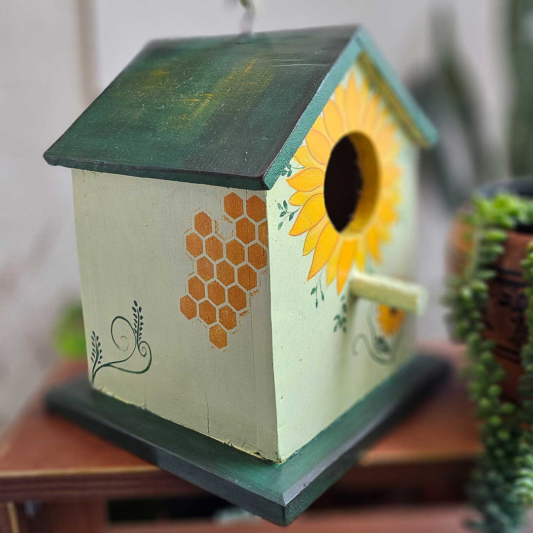 Hand-Painted Green Sunflower Bird House