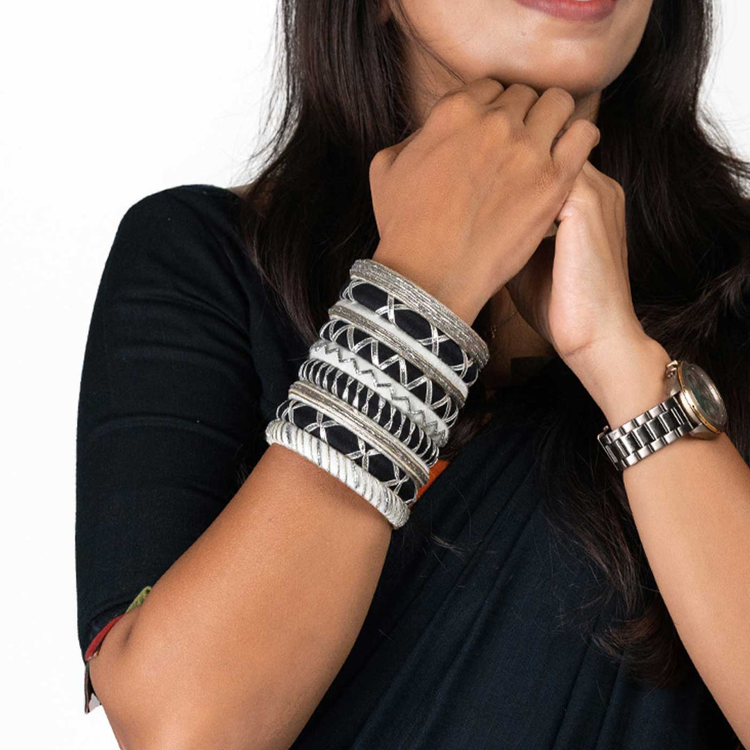 Black & White Handcrafted Damini Gotapatti Bangles | Set of 9