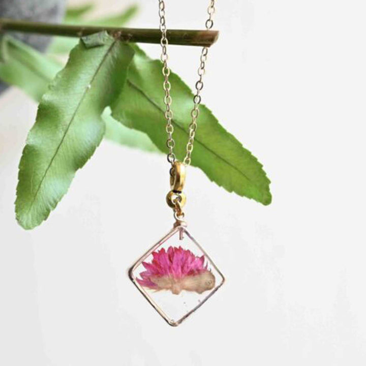 Handmade Preserved Flower Globe Amaranth Brass Necklace