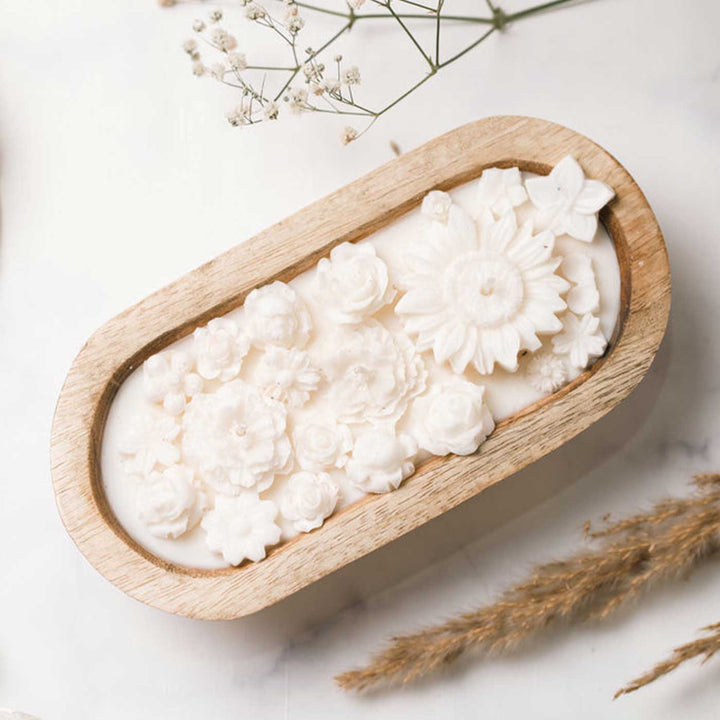 8 Inch | Handmade Wooden Boat Shaped Wax Scented Candle With Wax Flowers