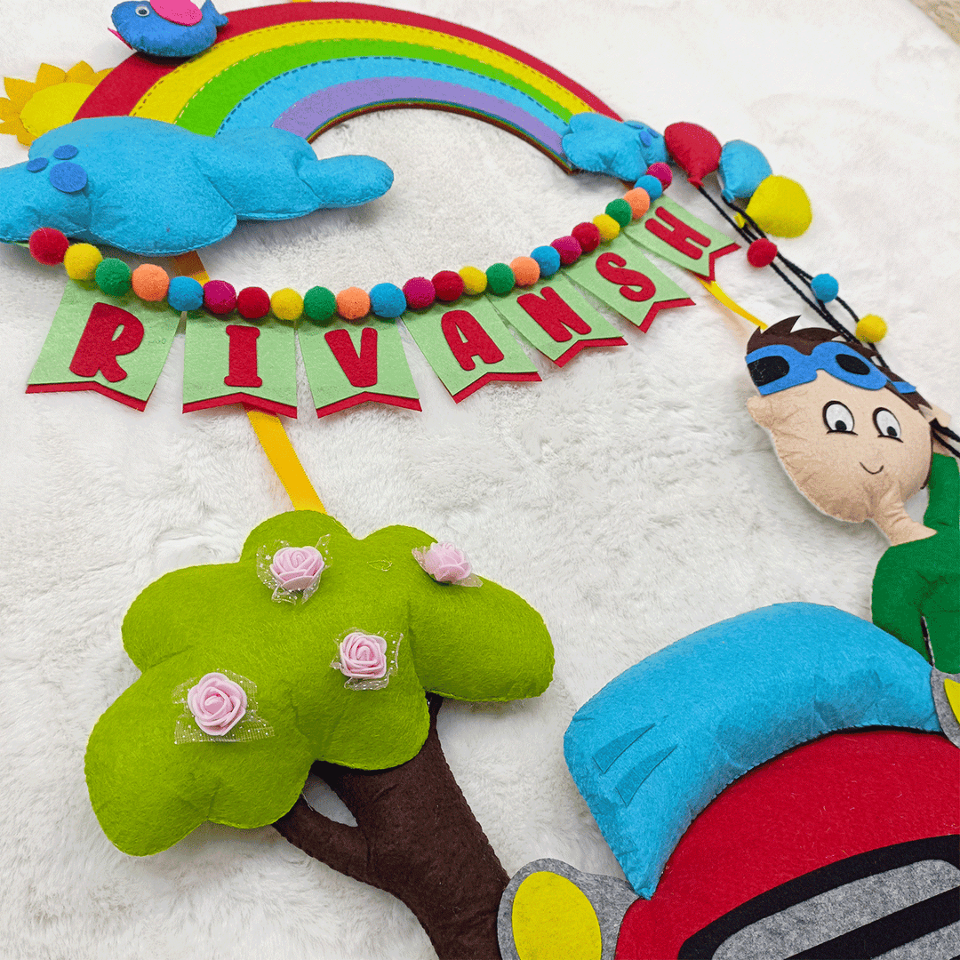 Handcrafted Personalized Rainbow & Car Themed Felt Name Plate