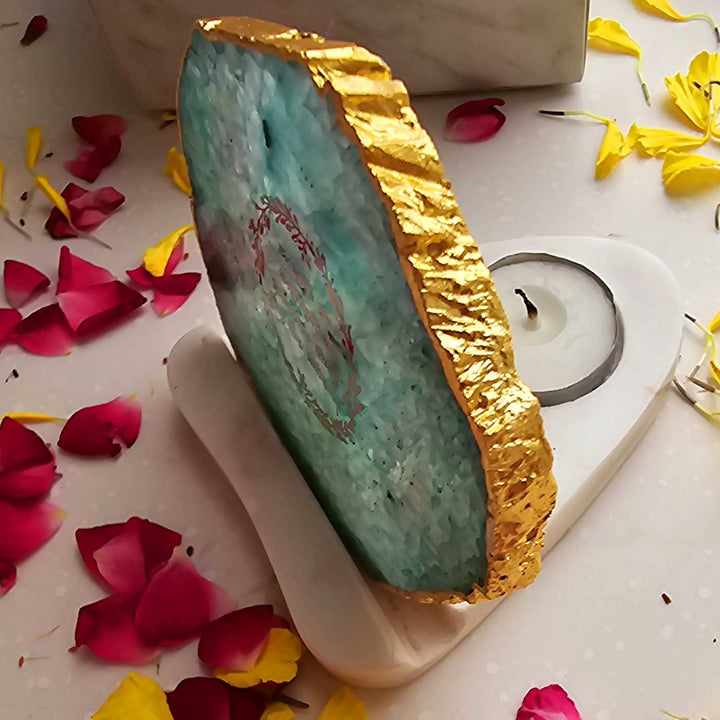 Handmade Green Gayatri Mantra Agate Decor With Marble Tea Light Holder