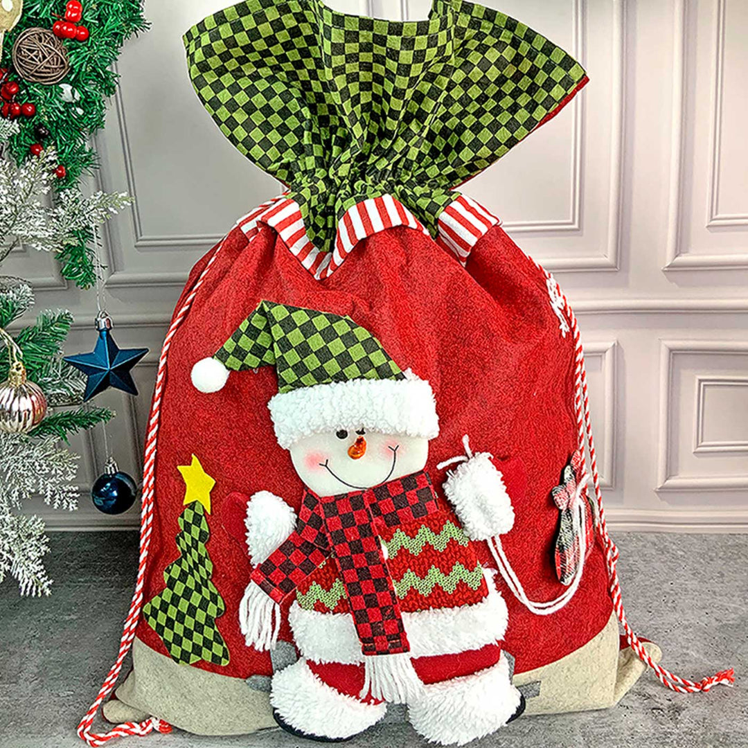 Handmade Snow Red & Green Checks Plush Fabric Gift Sacks For Christmas Decoration