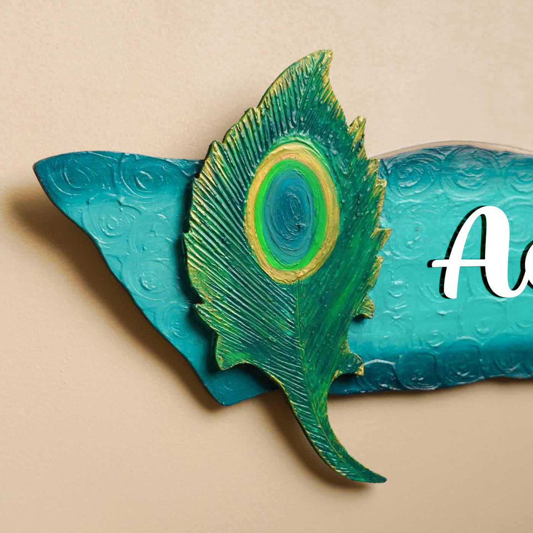 Personalized Peacock Feather Theme Mdf Wood Name Plate