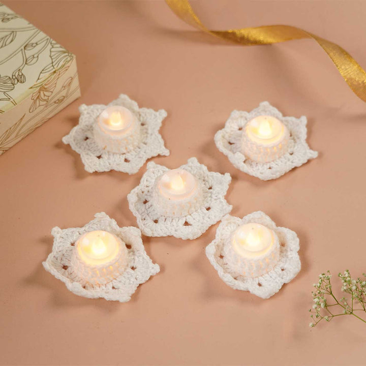 Handmade Crochet White Tealight Holder | Set Of 5