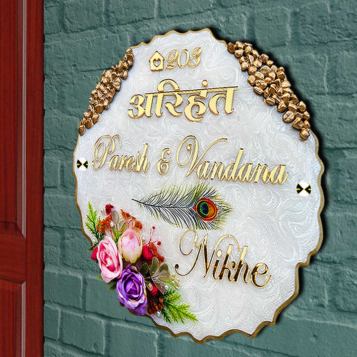 Personalized White Floral Theme Round Resin & Acrylic Waterproof Name Plate