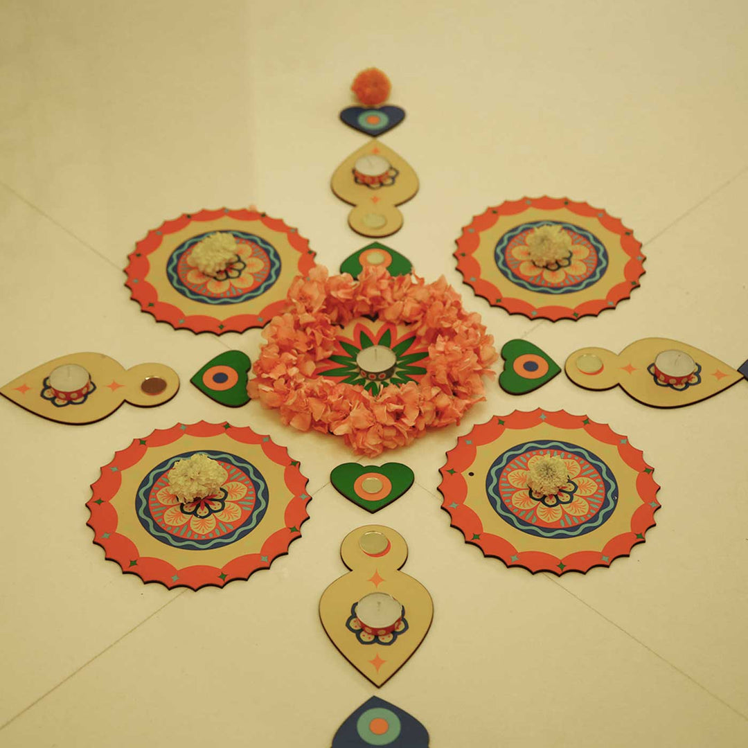 Reusable 17 Piece Bhramachakra MDF Wood Rangoli