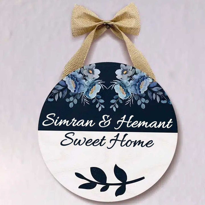 Printed Floral Wooden Round Nameplate For Couples With Bow