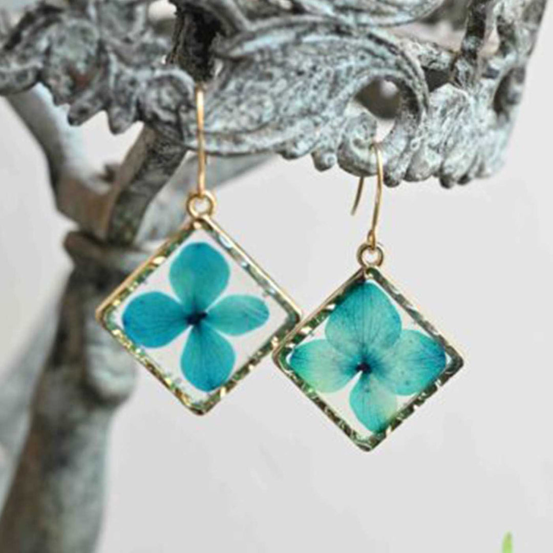 Handmade Preserved Flower Azure Blue Brass Earrings