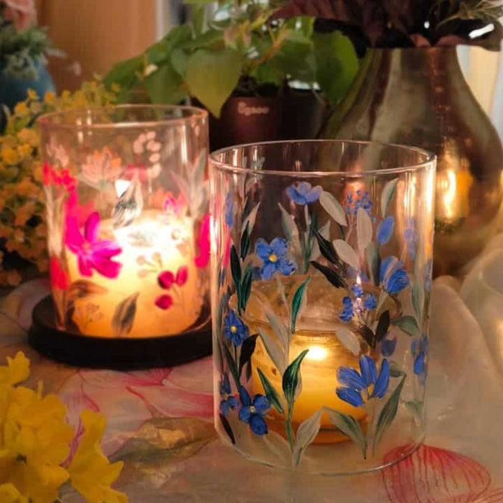 Hand Painted Floral Glass Candle Holder