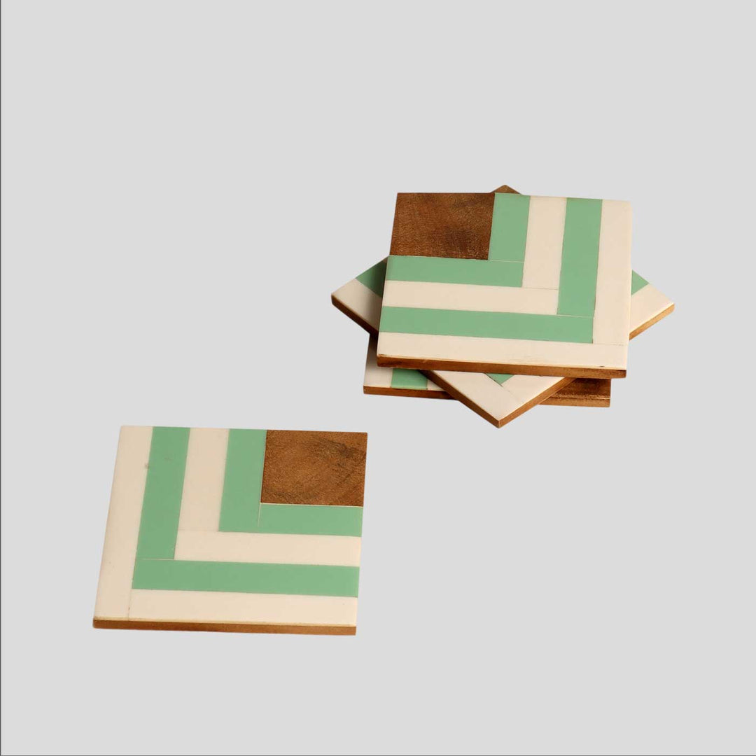 Handmade Resin Green & White Stripes Coaster | Set Of 4