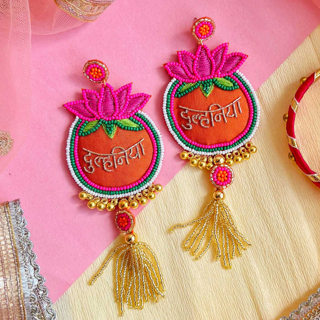 Handmade Pink & Orange "Dulhaniya" Beaded Earrings for Bride