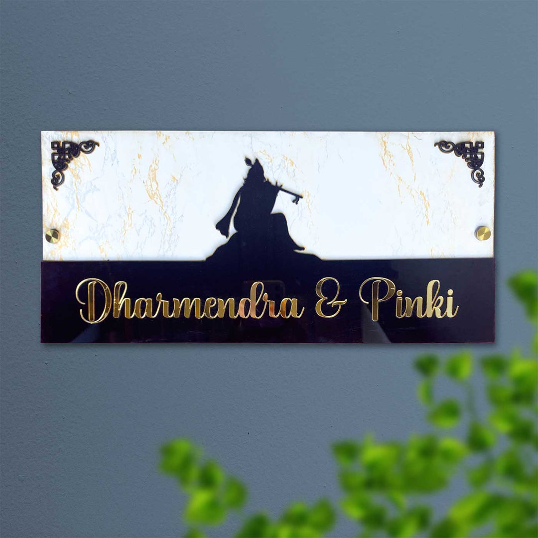 Personalized Krishna Theme MDF Wood Name Plate