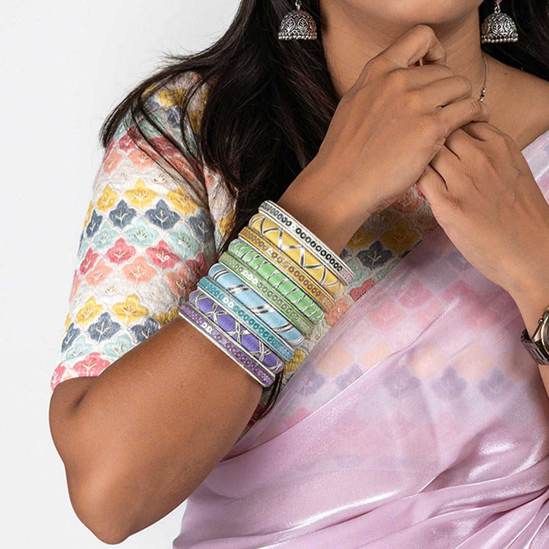 Multicolour Handcrafted Mahi Sequence Work with Gotapatti Colourful Thread Bangles | Set of 9