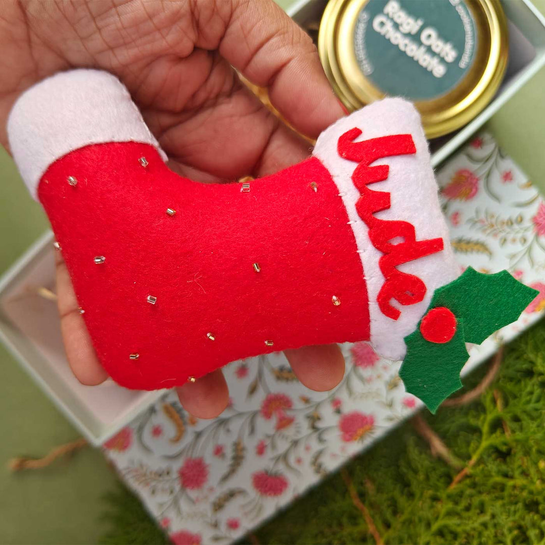 Personalized Sock Ornament & Homemade Healthy Cookies Hamper | Xmas Gifting Ideas