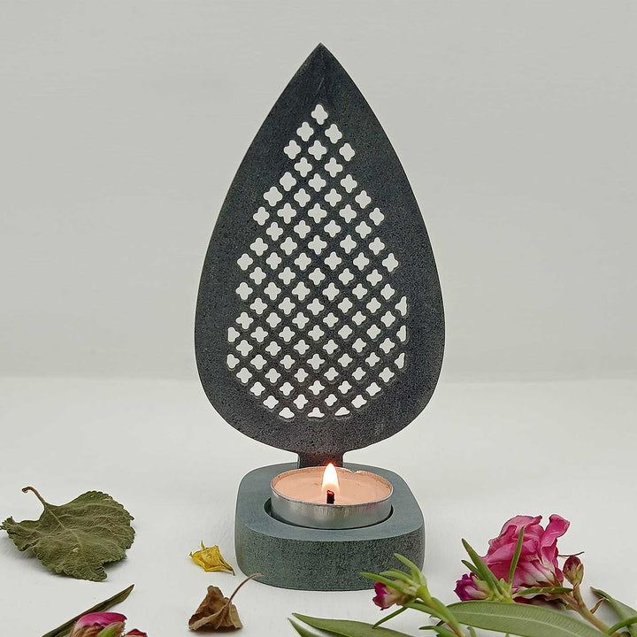 Handmade Grey Taifa Leaf Shape Soapstone Tealight Holder