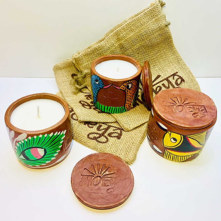 Hand-Painted Pattachitra Single Wick Scented Candle In Jute Bag | Set Of 3 (Assorted Designs)