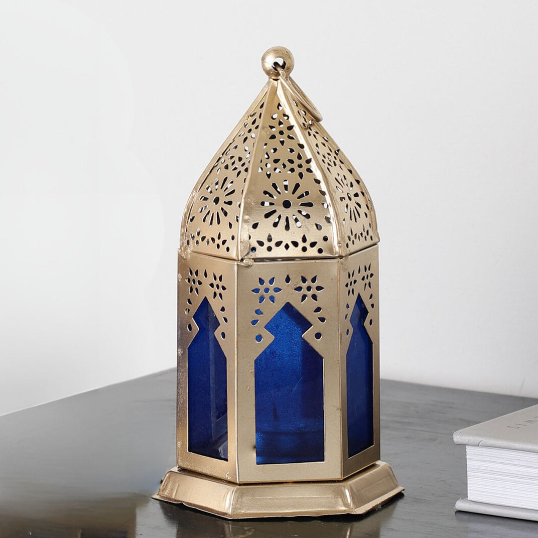 Handmade Blue & Gold Morrocan Iron Lantern Tealight Holder | Set Of 2