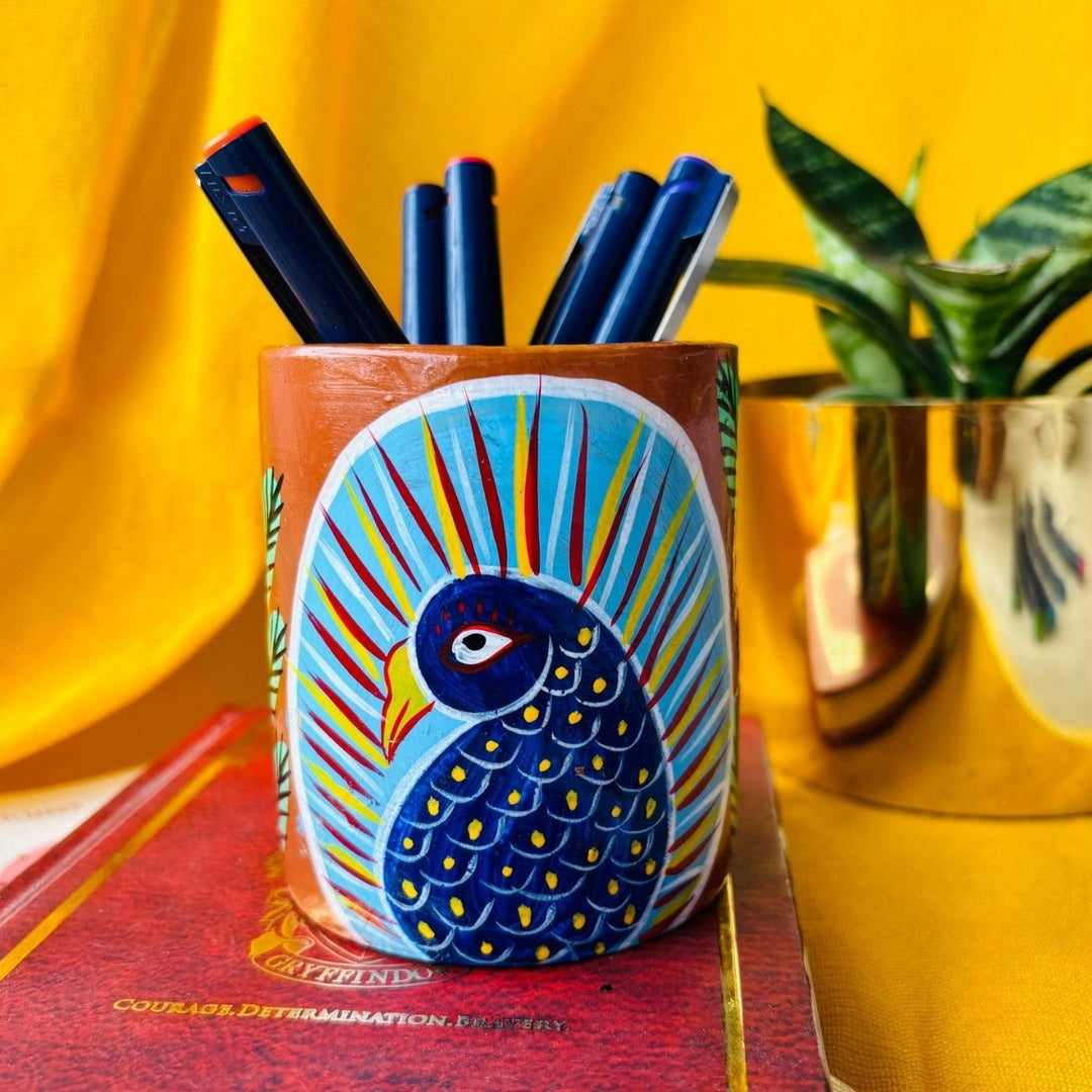 Eco-Friendly Hand-Painted Pattachitra Mayuri Terracotta Pen Holder