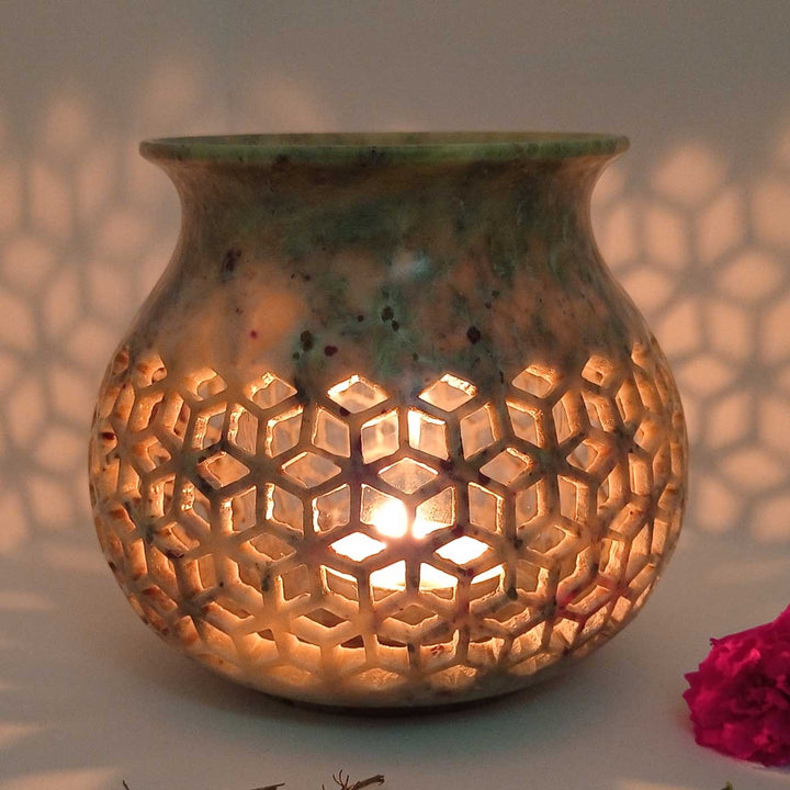 Handmade Multicolour Fadia Shimmery Mughal Jaali Soapstone Tealight Holder