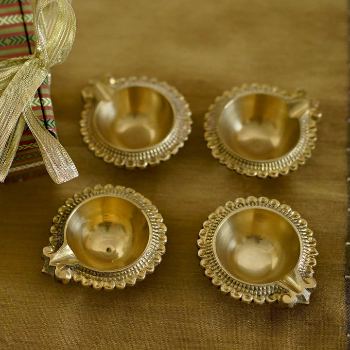 Handmade Mogra Gift Brass Oil Lamp / Diya | Set Of 4