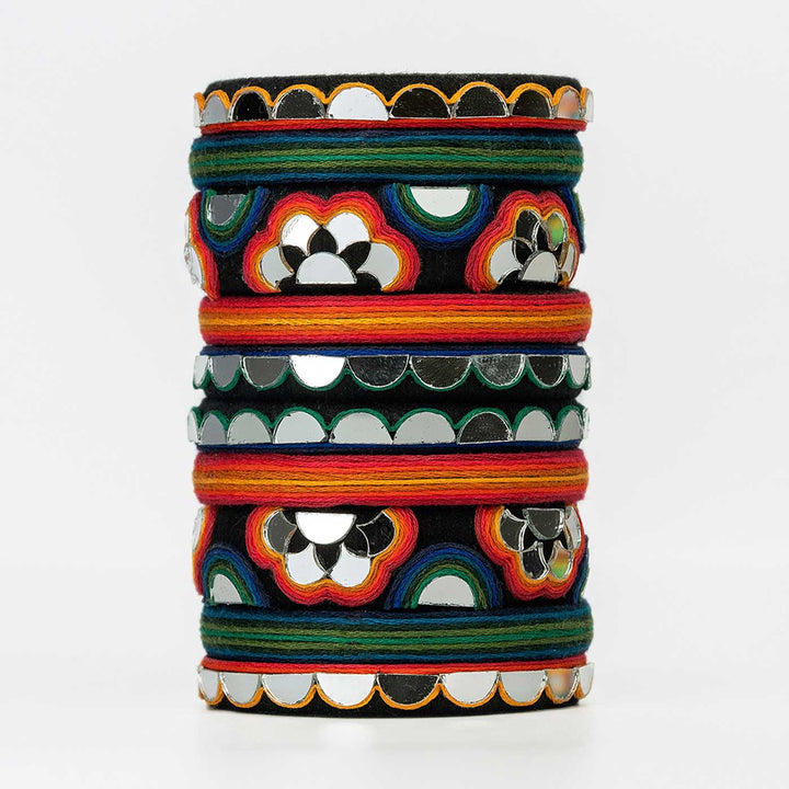 Green & Orange Handcrafted Devika Mirror Thread Embroidery Bangles | Set of 10