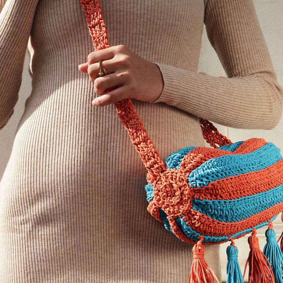 Handmade Crochet Orange & Blue Duffel Sling Bag