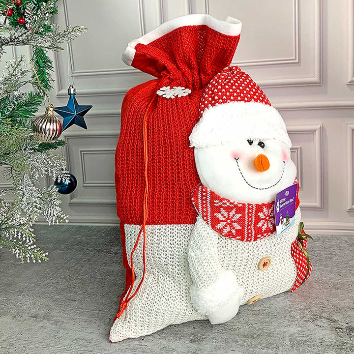 Handmade Snowman Red & White Knitted Large Size Gift Sacks For Christmas Decoration