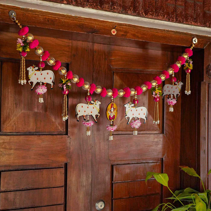 Handmade Pinkpom Poms With Ganesha & Cow Pichwai Toran