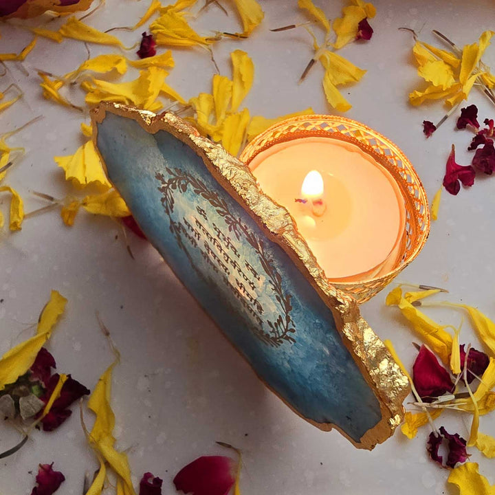 Handmade Turquoise Gayatri Mantra Agate Stone Tea Light Holder