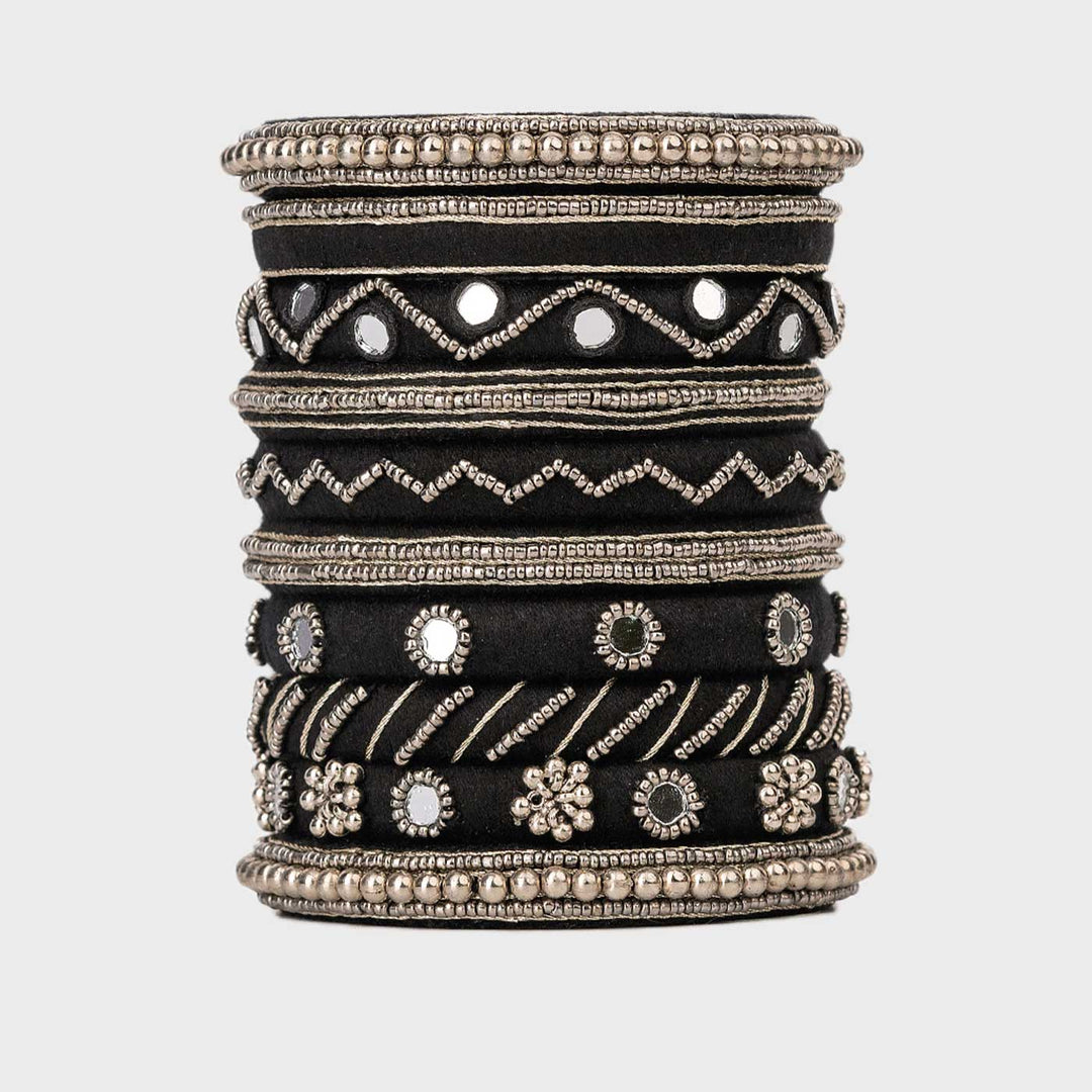 Black & Silver Handcrafted Kalki Black and Silver Beads Work Bangles | Set of 10