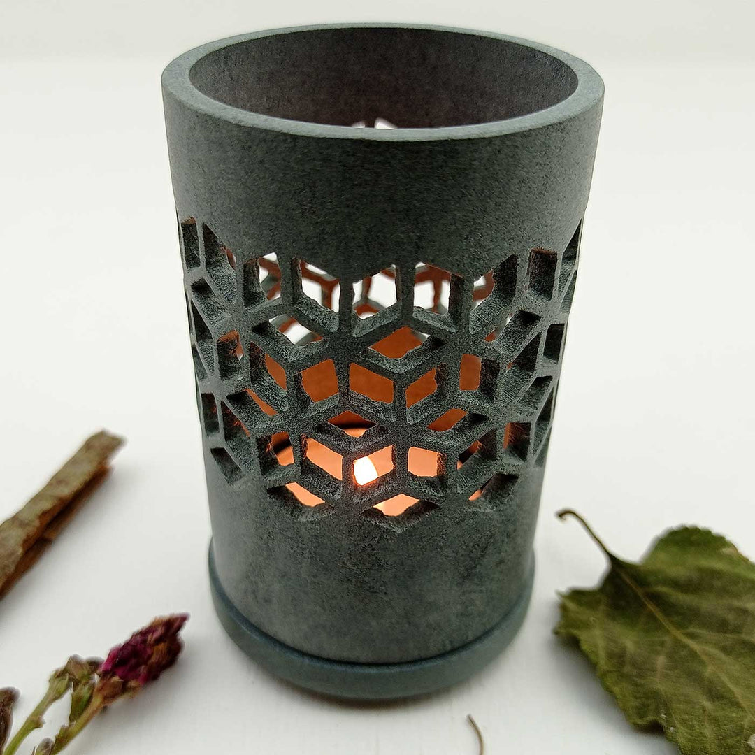 Handmade Grey Atuf Intricate Hexagonal Jaali Soapstone Tealight Holder