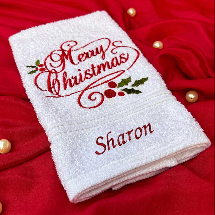 Personalized Merry Christmas Embroidered Towel & Candle Hamper | Secret Santa Gift Ideas | Set Of 3