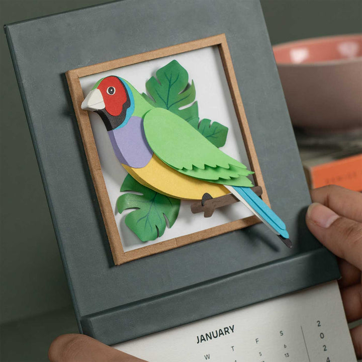 Handmade 3D Gouldian Finch Bird 2025 Desk Calendar