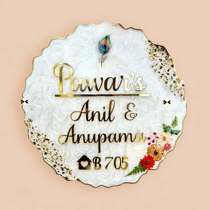 Personalized White Floral Theme Resin & Acrylic Waterproof Name Plate