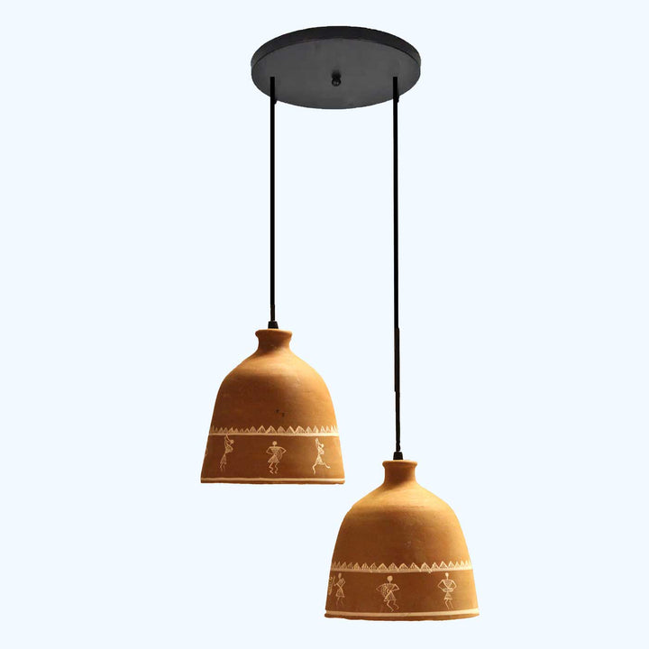 Handmade Tribal Art Painting Natural Terracotta Hanging Lamp | Set Of 2