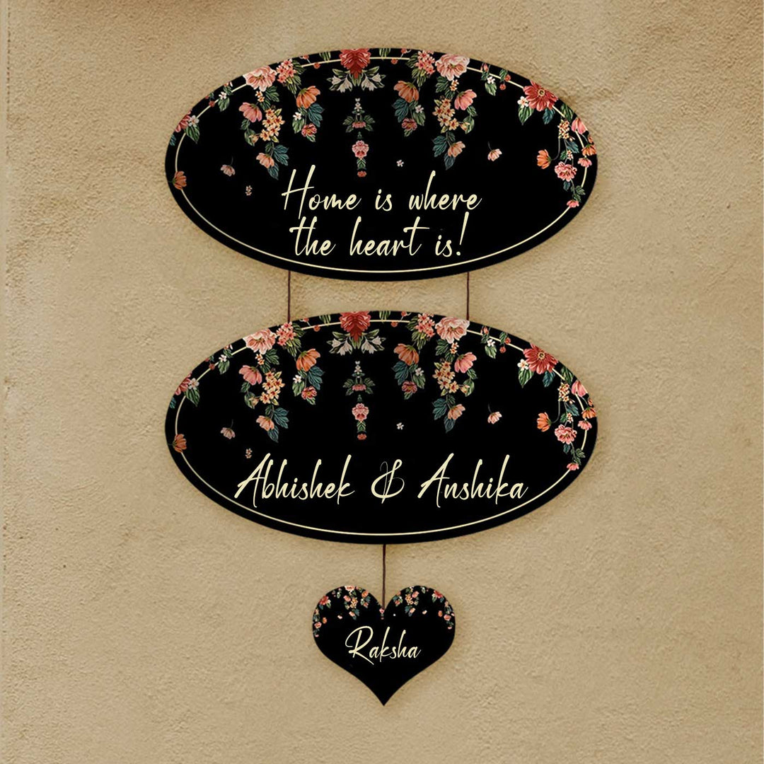 Printed Black Floral Wooden Oval Nameplate For Family