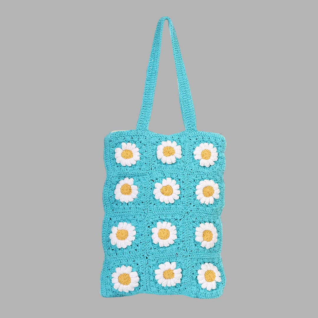 Handmade Crochet Blue Daisy Tote Bag