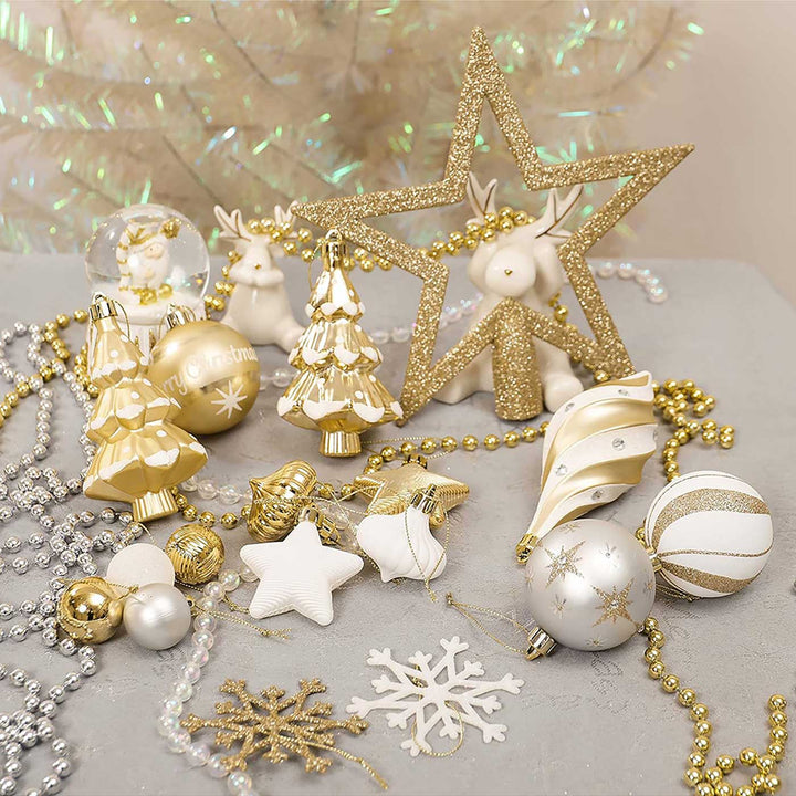 Gold & White Christmas Ball Ornaments For Decoration | Set of 90