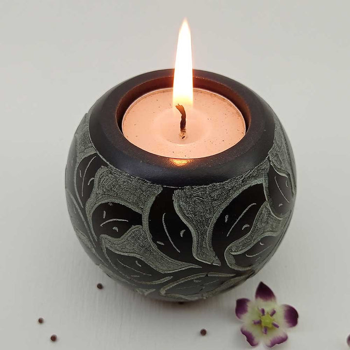 Handmade Black Mutaal Round Shape Candle Holder | Set of 2