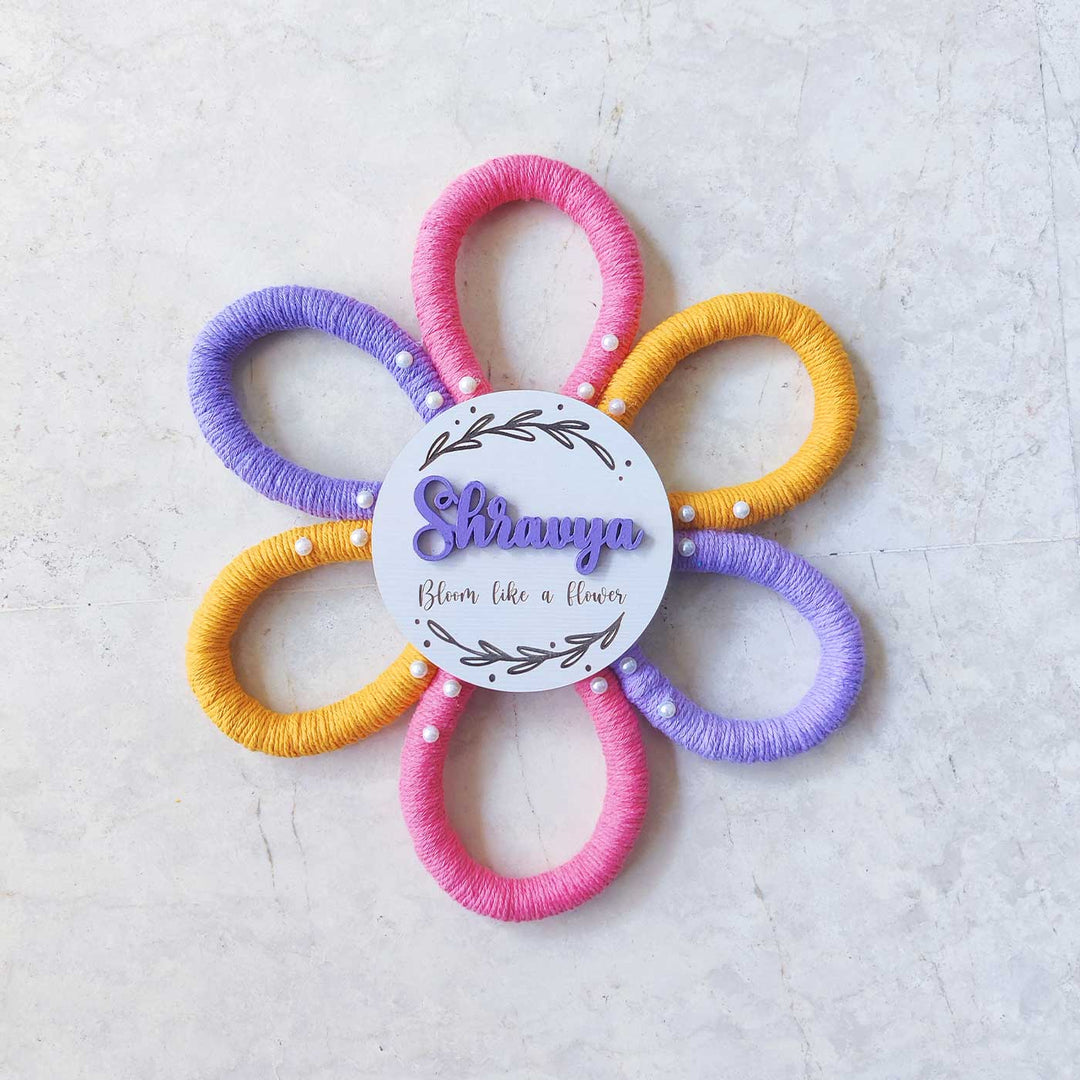 Personalized Handmade Macrame Flower Bloom Kids Name Plate With 3D Letters