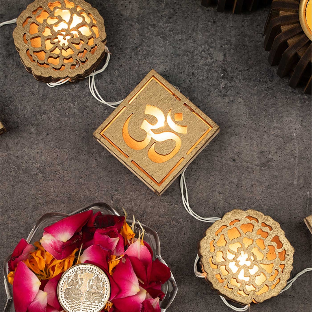 Handmade Decorative Om & Swastik Shape 3D Wooden Fairy Light