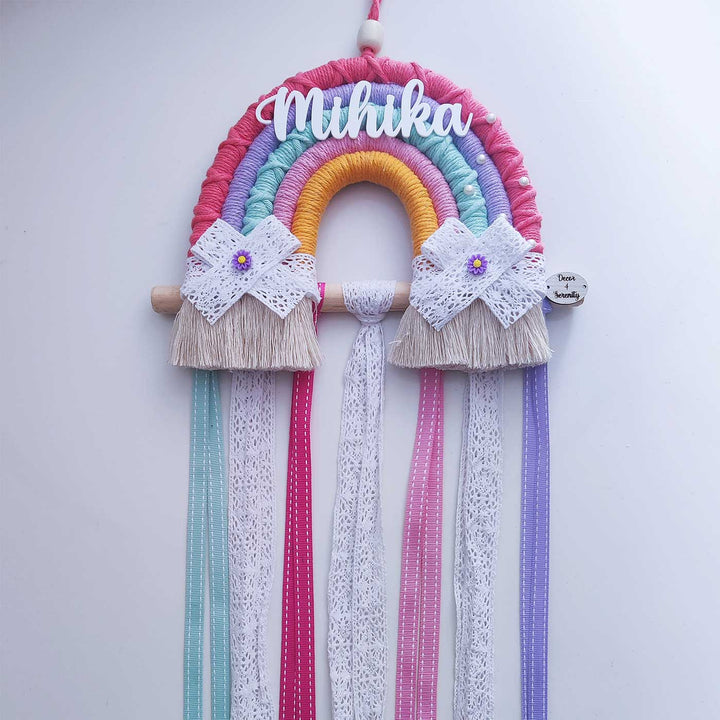 Personalized Handmade Macrame Rainbow Kids Hair Accessory Holder