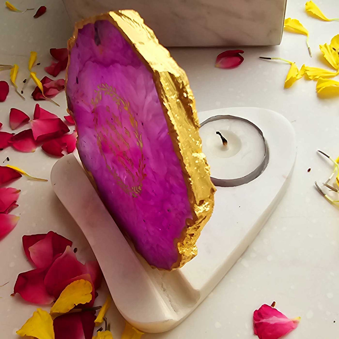 Handmade Pink Gayatri Mantra Agate Decor With Marble Tea Light Holder